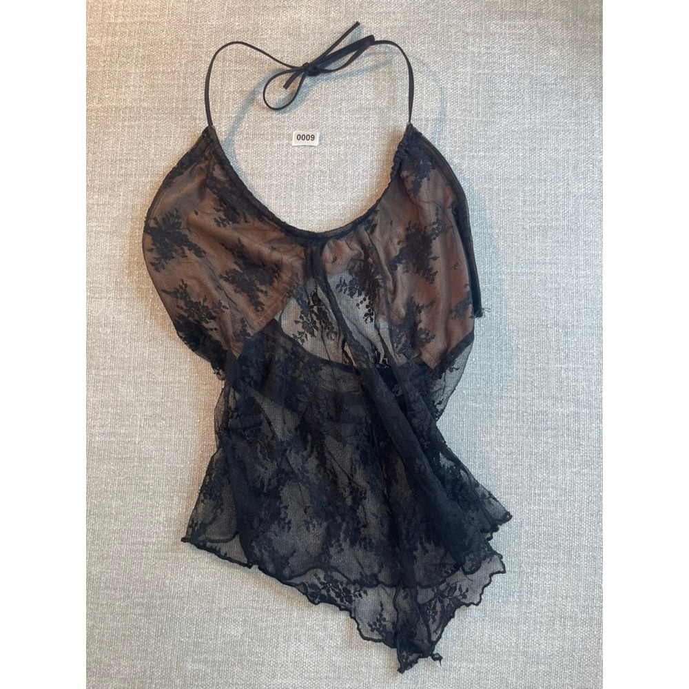 Black Floral Lace Sheer Halter Top Handkerchief Hem Nude Lining Tie Neck - Picture 5 of 5